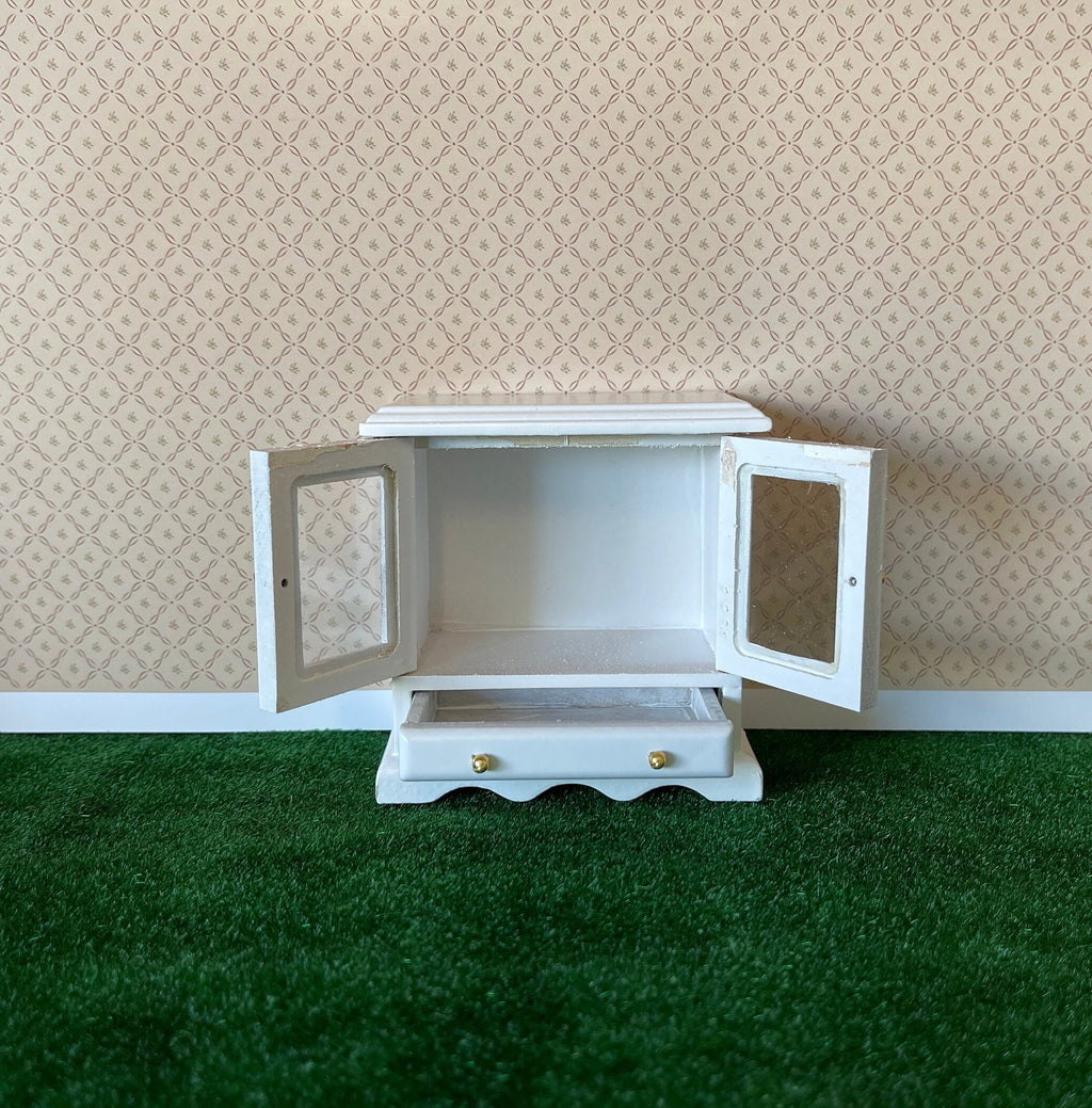 1:12 Scale Miniature Wood Display Cabinet Sideboard with Glass Doors and 2 Drawers, 3-1/8 inch tall, DIY Dollhouse Supply (white)