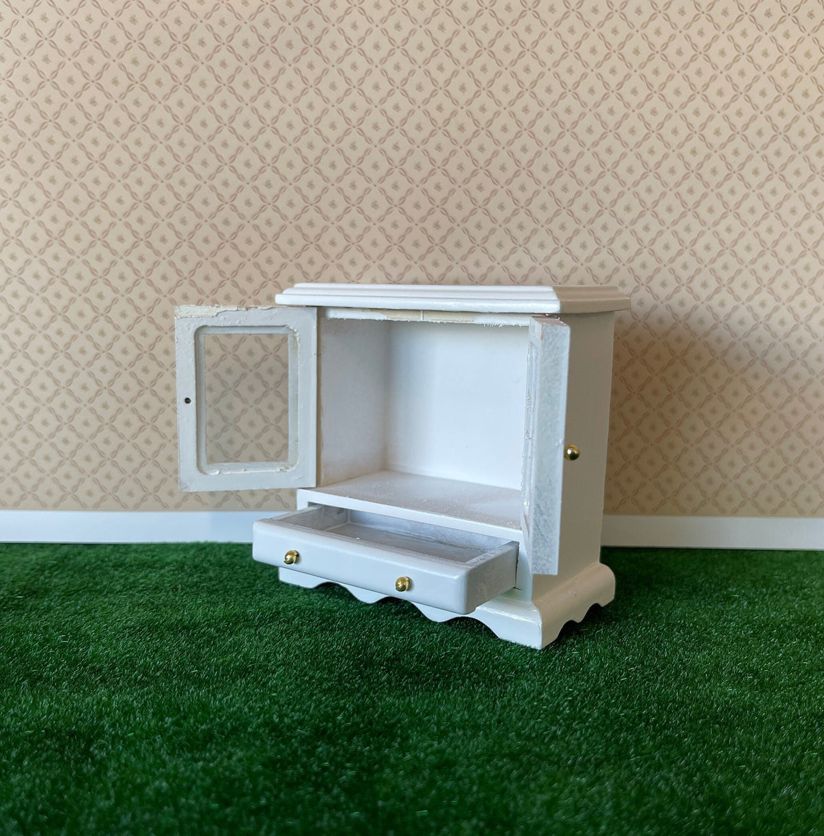 1:12 Scale Miniature Wood Display Cabinet Sideboard with Glass Doors and 2 Drawers, 3-1/8 inch tall, DIY Dollhouse Supply (white)