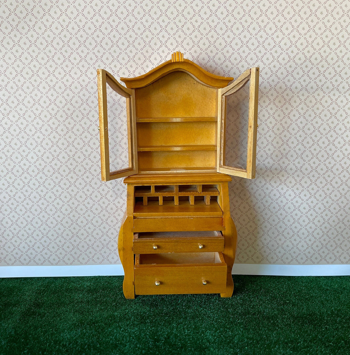1:12 Scale Miniature Wood Secretary Desk, Glass Door Bookcase Top, 7-1/8 inch tall, DIY Dollhouse Supply