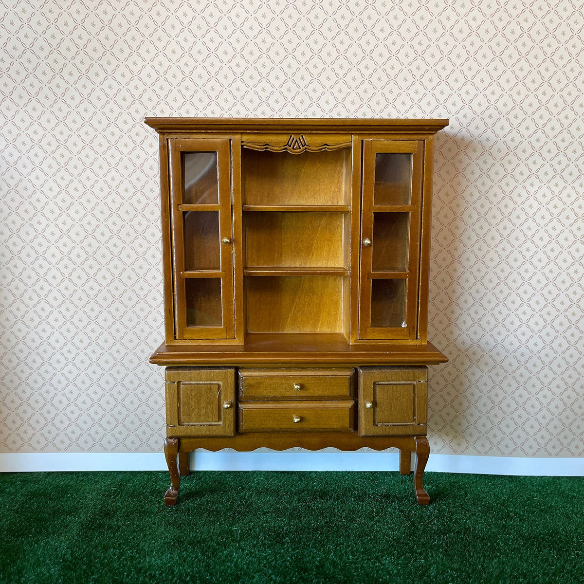 1:12 Scale Miniature Wood Display Cabinet with Glass Doors, 9 Shelves and 2 Drawers, 5-15/16 inch tall, DIY Dollhouse Supply (honey)