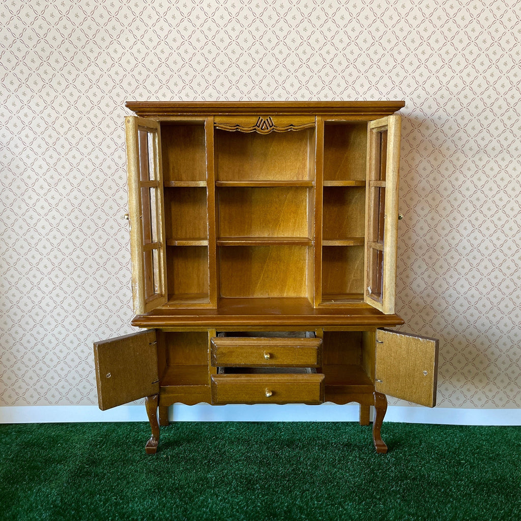 1:12 Scale Miniature Wood Display Cabinet with Glass Doors, 9 Shelves and 2 Drawers, 5-15/16 inch tall, DIY Dollhouse Supply (honey)