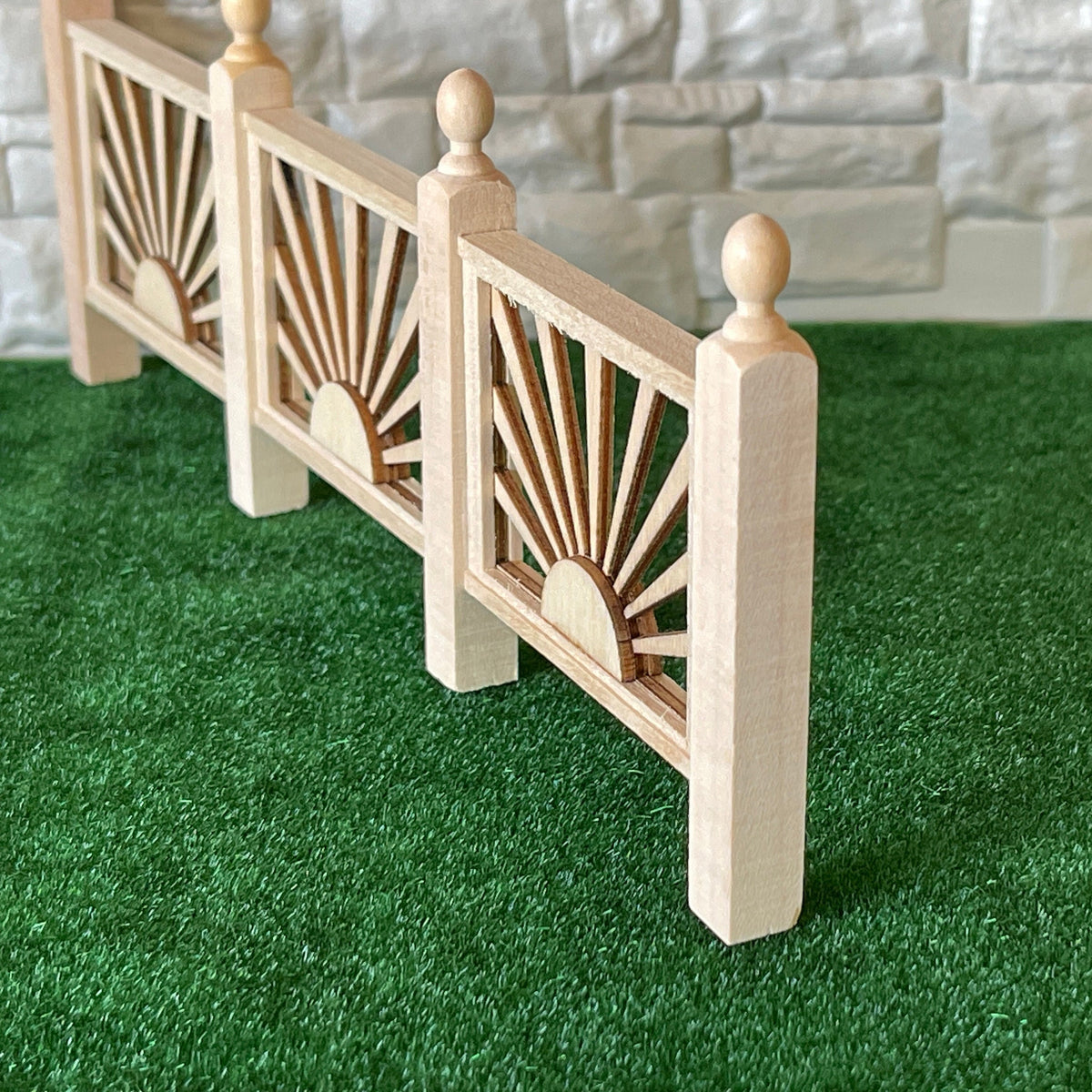 1:12 Scale Miniature Unpainted Wood Porch Railing Panel with Fan Spindles, Ball Top Posts, 9 inch long, DIY Dollhouse Supply