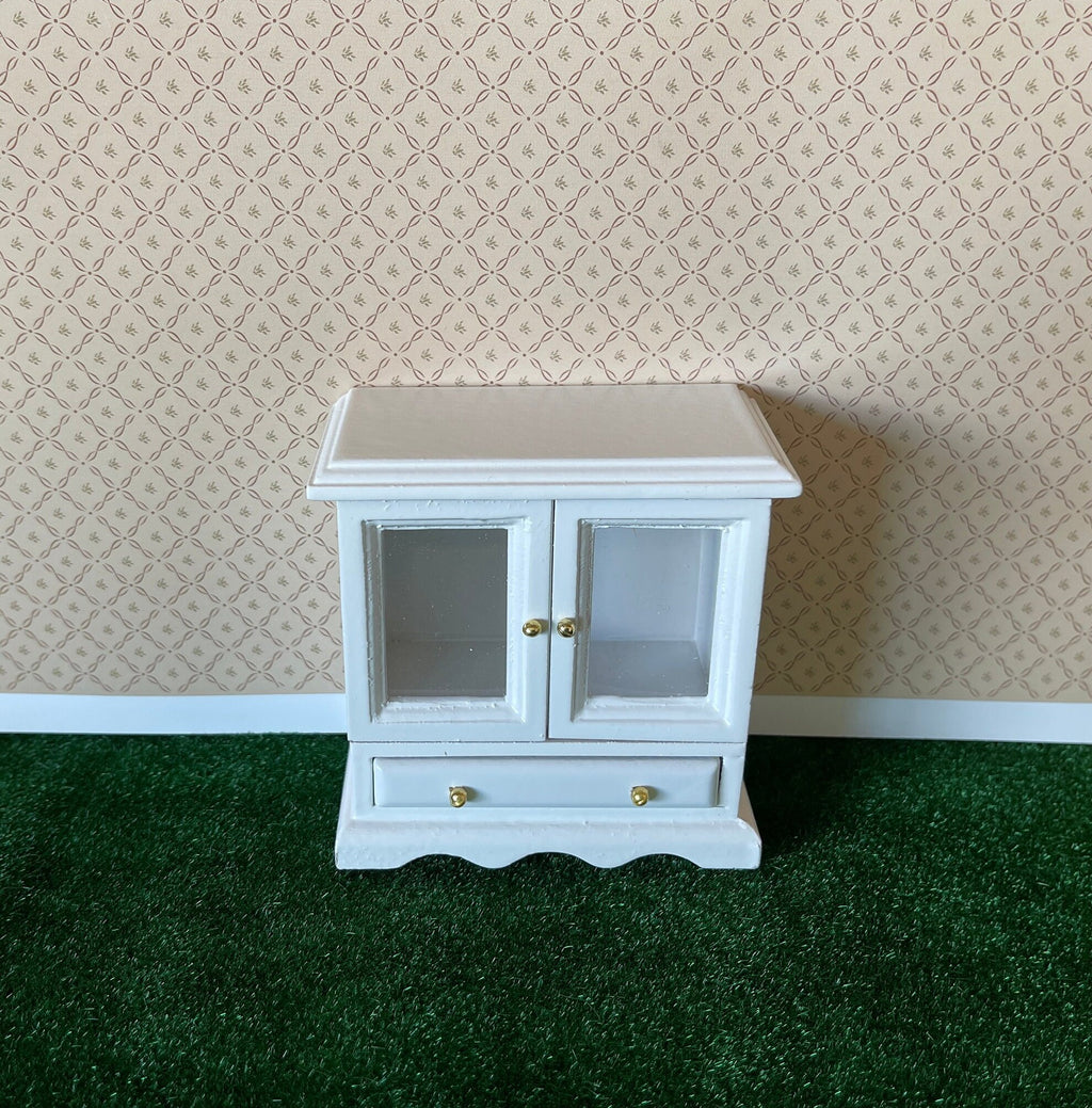 1:12 Scale Miniature Wood Display Cabinet Sideboard with Glass Doors and 2 Drawers, 3-1/8 inch tall, DIY Dollhouse Supply (white)