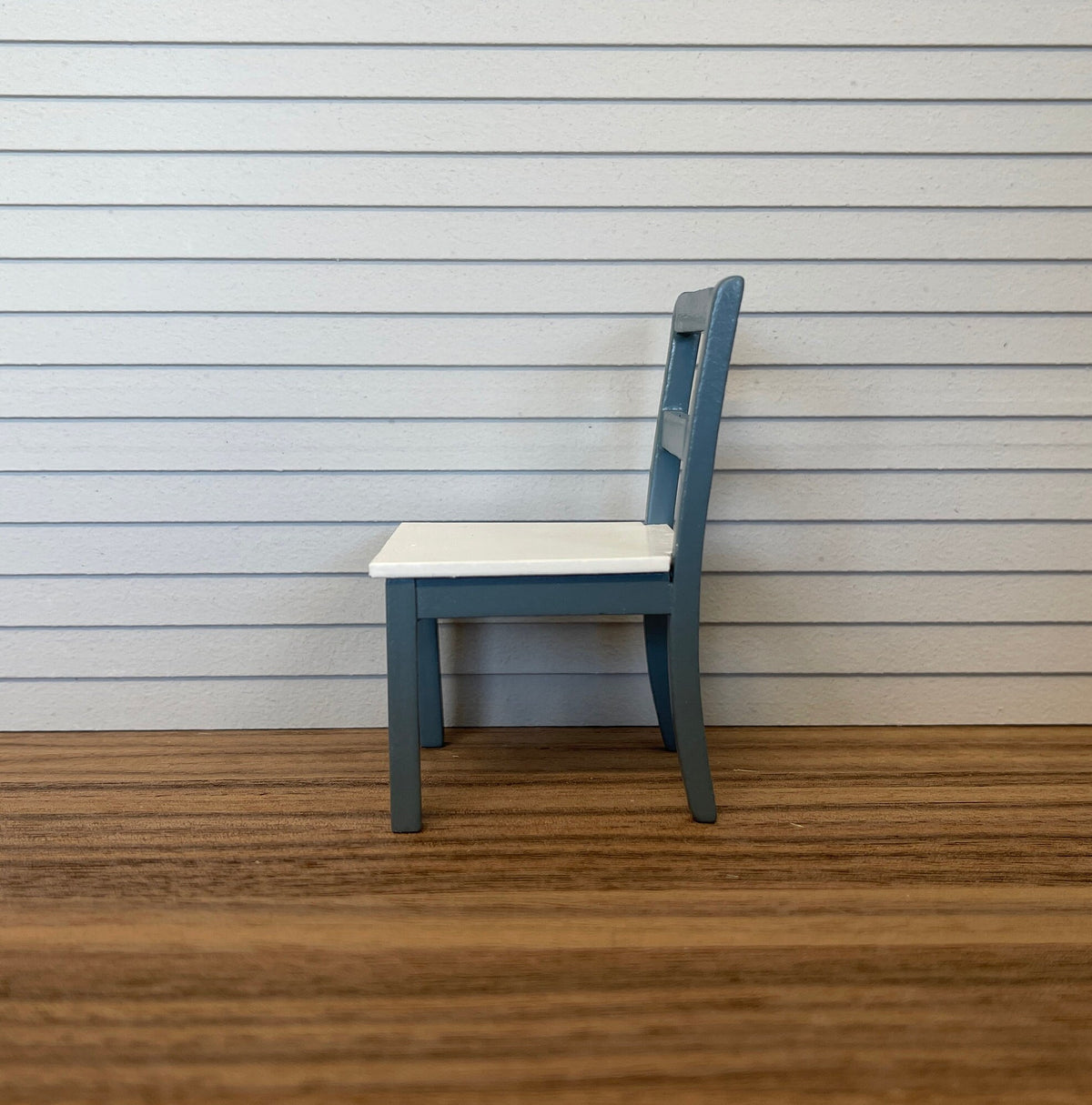 1:12 Scale Miniature Wood Ladder Back Dining Chair, 3-1/8 inch tall, DIY Dollhouse Supply (blue gray and cream)