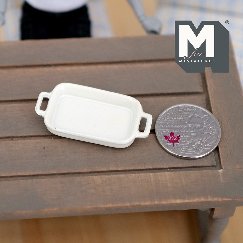1:12 Scale Miniature Metal Baking Dish with Handles, 1-5/8 inch long, DIY Dollhouse Supply (white)