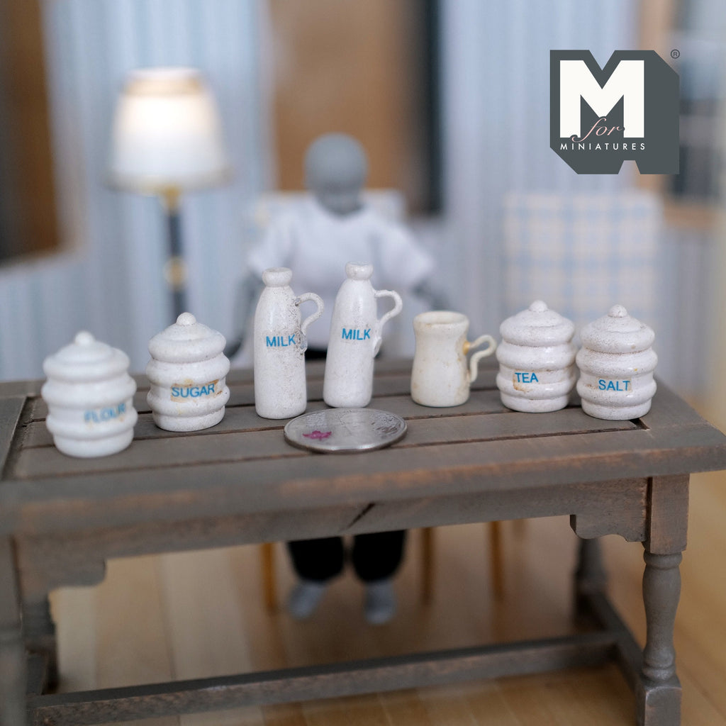 1:12 Scale Miniature Wood Vintage Kitchen Canisters, Milk Jugs and Cream Jar, Set of 7, 1-3/16 inch tall, DIY Dollhouse Supply (white)