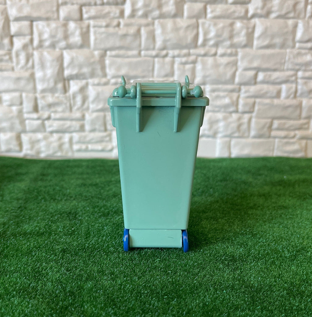 1:12 Scale Miniature Wheelie Trash Can with Lid, 3-1/2 inch tall, DIY Dollhouse Supply (mint green)