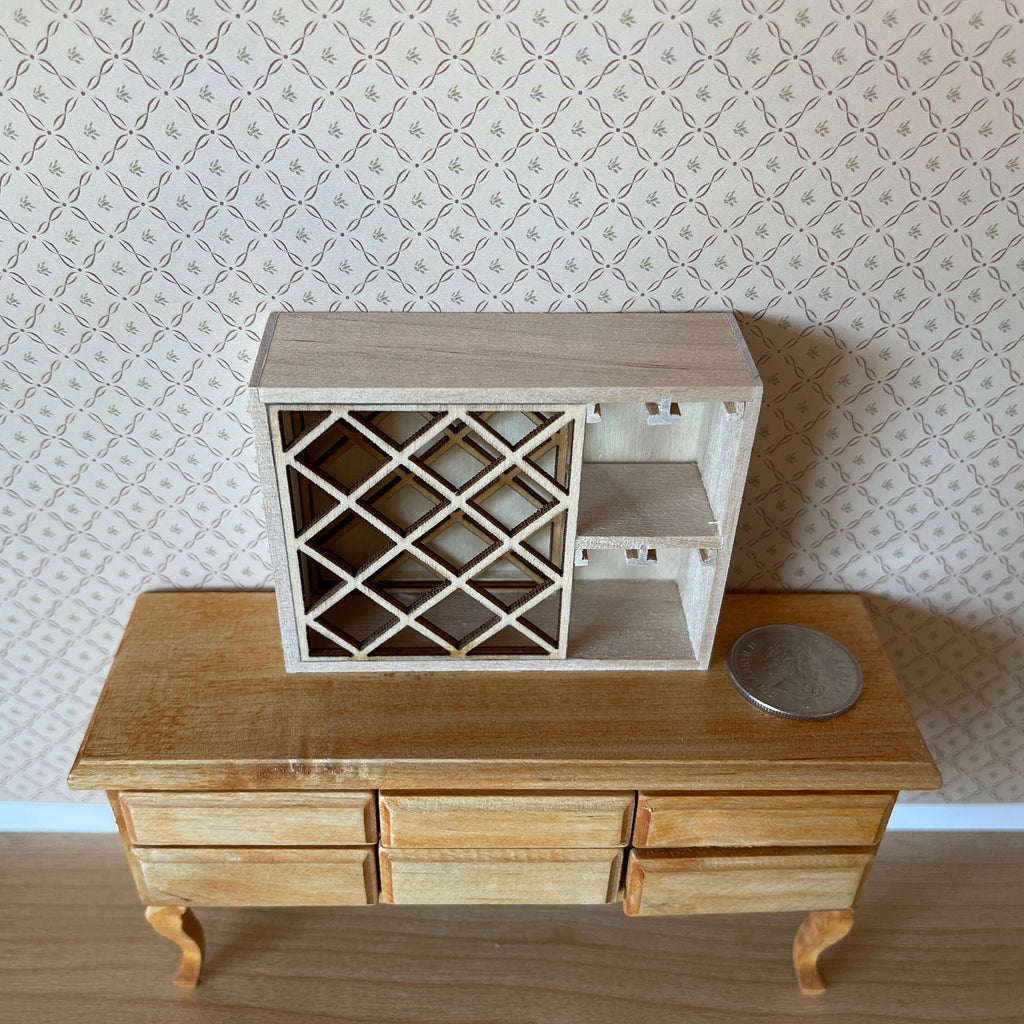 1:12 Scale Miniature Unpainted Wood Wine Rack, Diagonal Lattice, Side Shelves, 3 inch wide, DIY Dollhouse Supply
