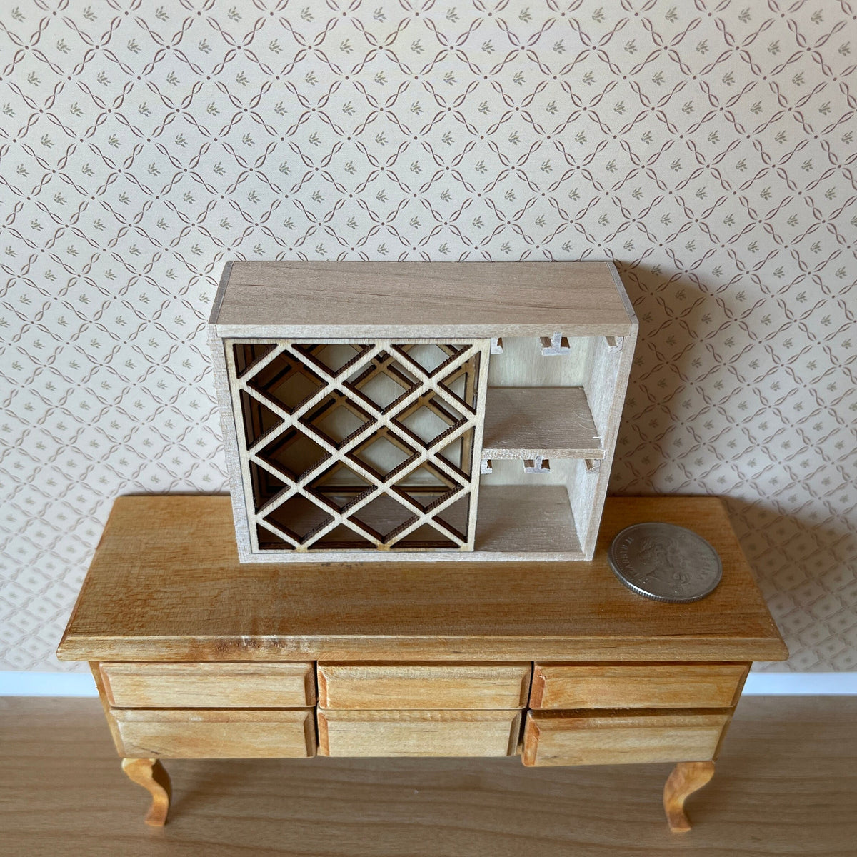1:12 Scale Miniature Unpainted Wood Wine Rack, Diagonal Lattice, Side Shelves, 3 inch wide, DIY Dollhouse Supply
