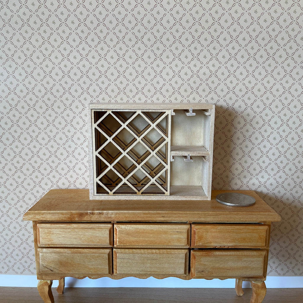 1:12 scale miniature unpainted wood wine rack with diagonal lattice and side shelves, displayed on a wood sideboard