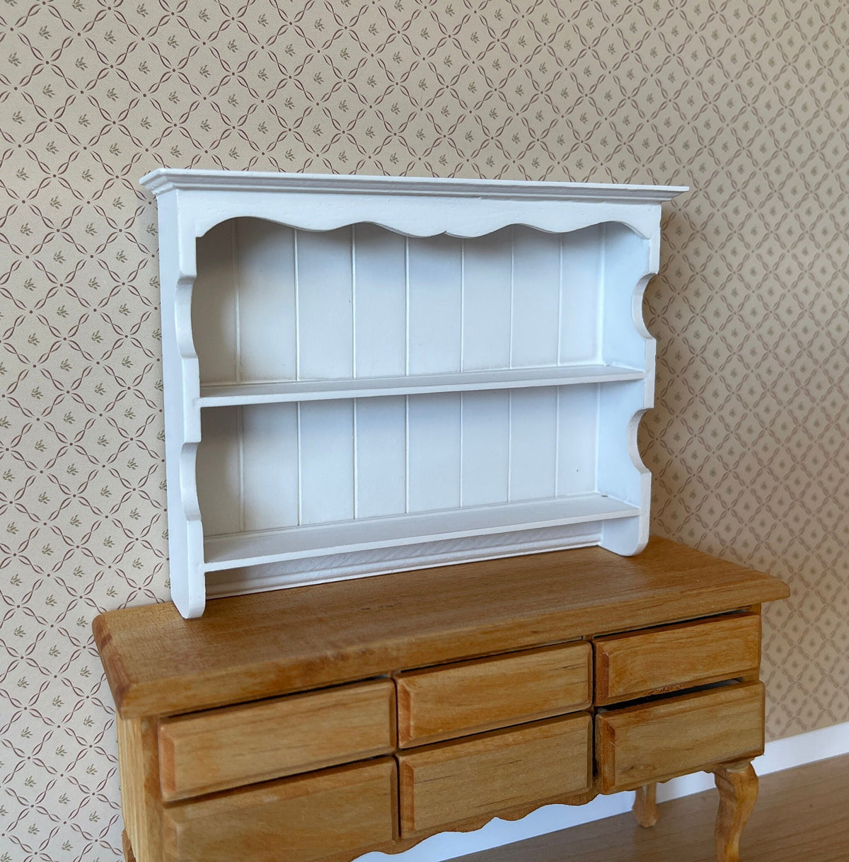 1:12 Scale Miniature Wood Wall Shelf, 2 Shelves, Scalloped Top, 4-9/16 inch wide, DIY Dollhouse Supply (white)