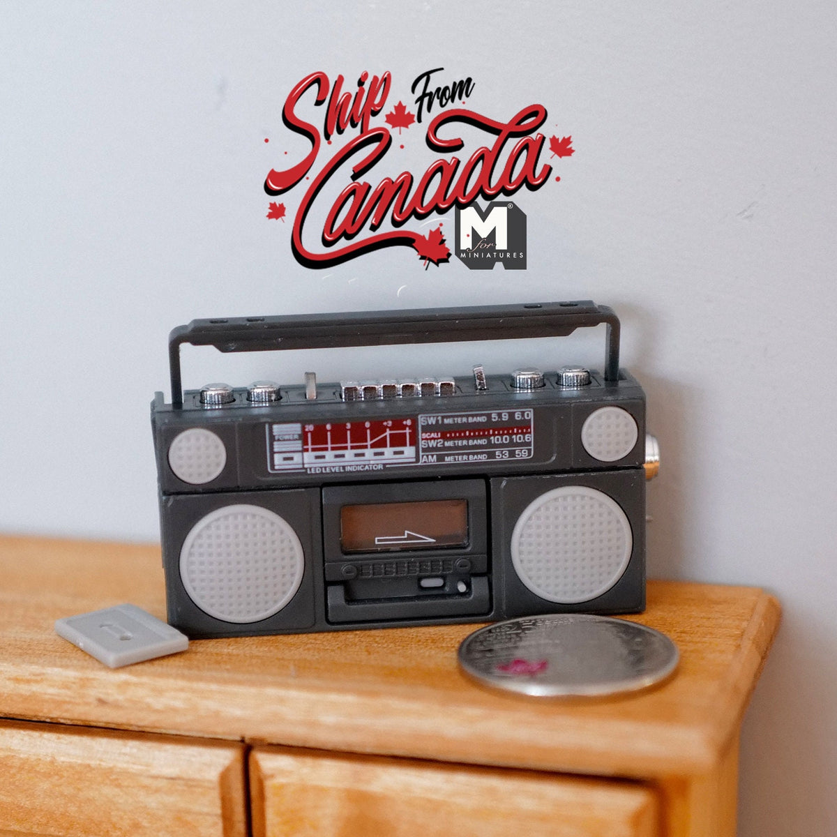 1:12 Scale Miniature Portable Cassette Player Radio with Cassette Tape, 2-1/16 inch wide, DIY Dollhouse Supply (gray)