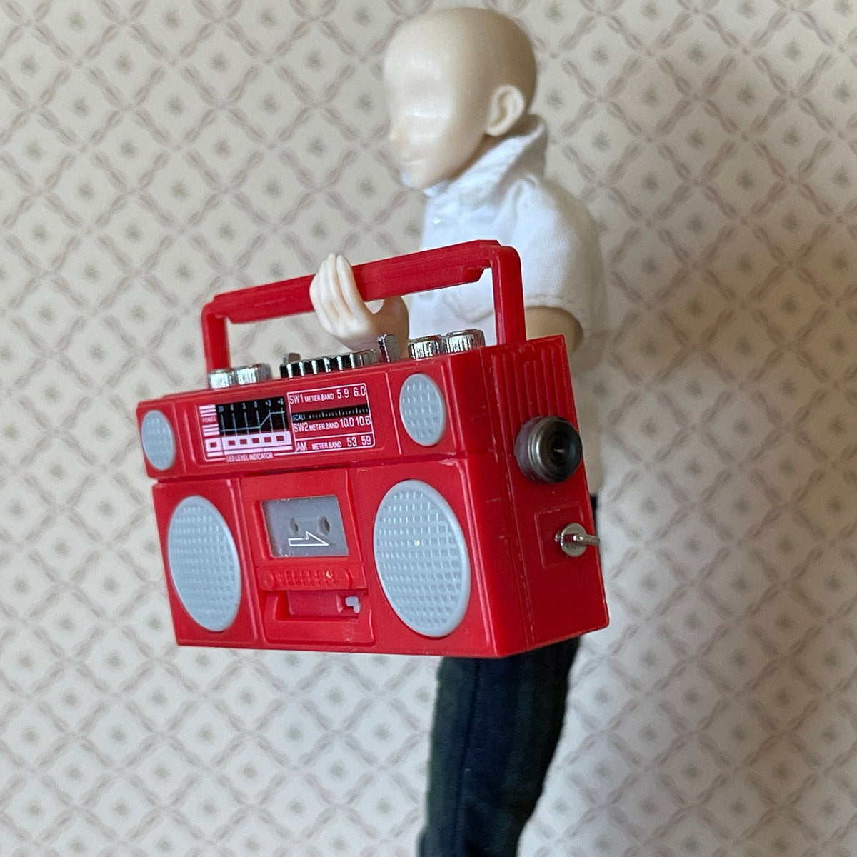 1:12 Scale Miniature Portable Cassette Player Radio with Cassette Tape, 2-1/16 inch wide, DIY Dollhouse Supply (red)