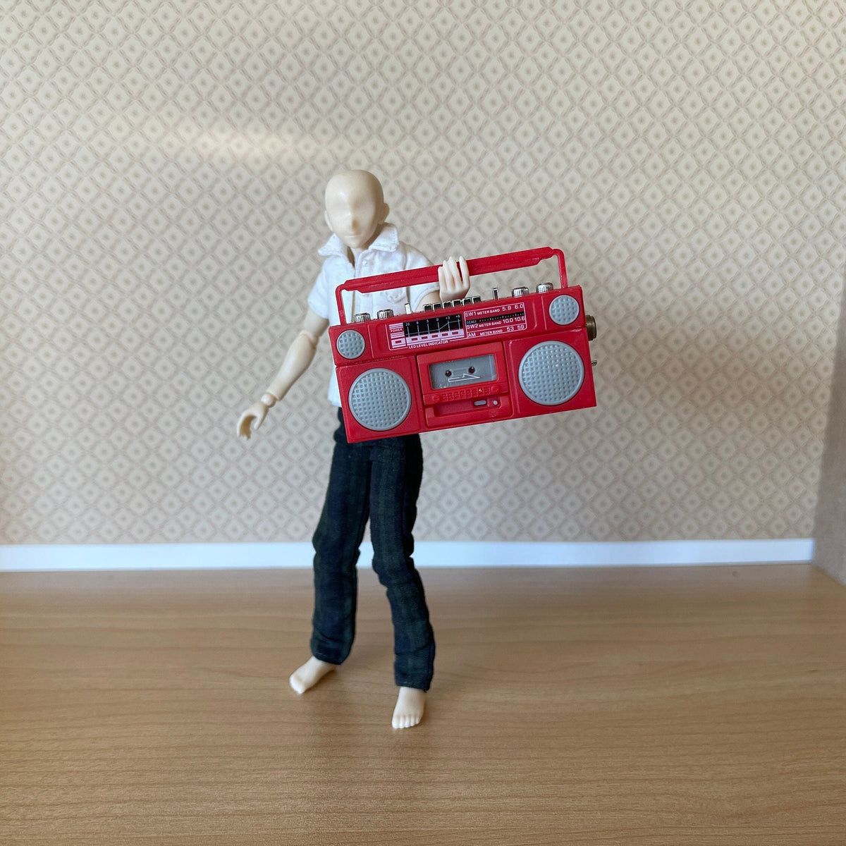 1:12 Scale Miniature Portable Cassette Player Radio with Cassette Tape, 2-1/16 inch wide, DIY Dollhouse Supply (red)