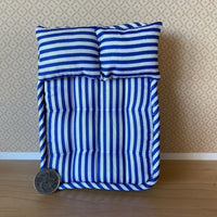 Dollhouse Mattress and Pillows  , 1:12 Scale Miniature Mattress and Pillows , Blue Striped Double Mattress and Pillows