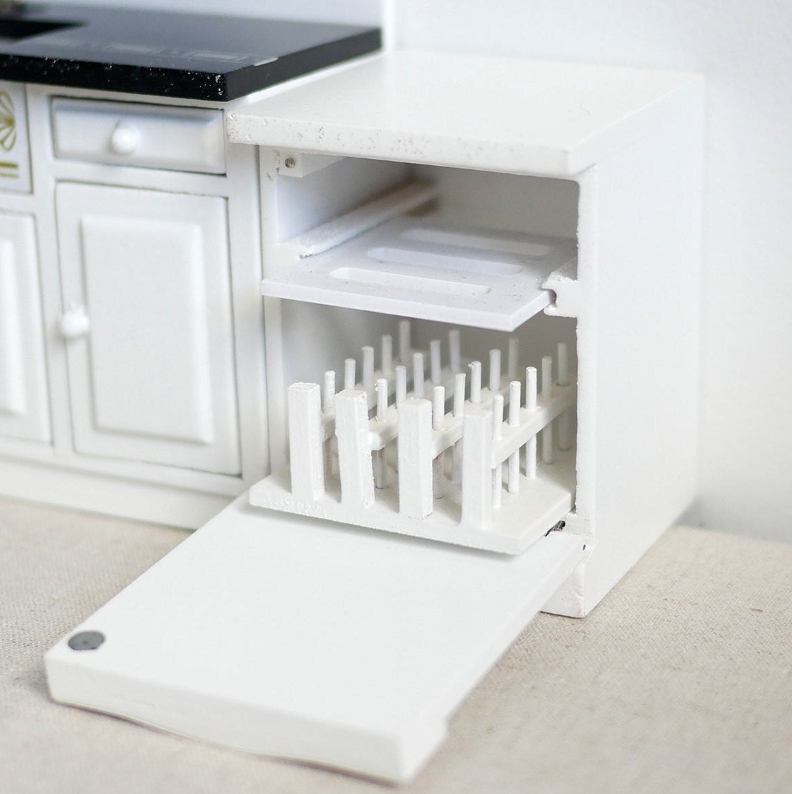 1:12 Scale Miniature Built In Dishwasher with Opening Door and Wire Racks, 2-3/4 inch tall, DIY Dollhouse Supply (wood) (white)