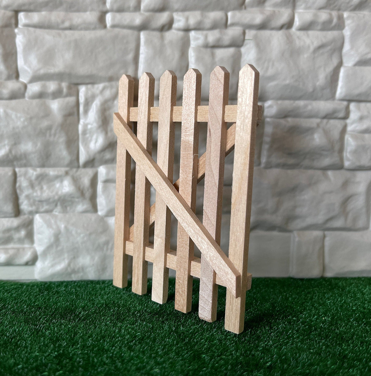 1:12 Scale Miniature Picket Gate Panel with Diagonal Brace, Unfinished Wood, Ready to Paint, 3-1/16 inch high, Dollhouse Craft Supply