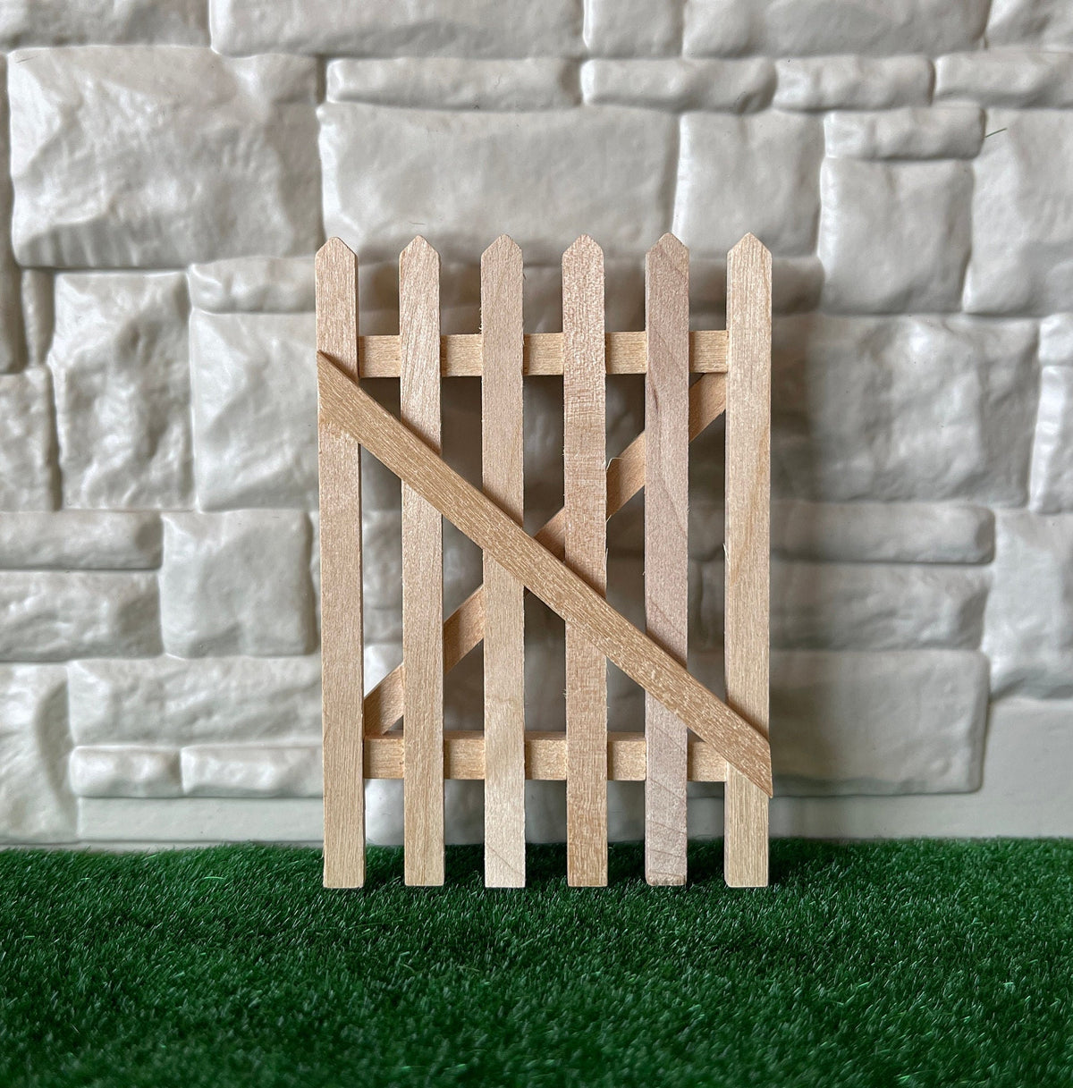 1:12 Scale Miniature Picket Gate Panel with Diagonal Brace, Unfinished Wood, Ready to Paint, 3-1/16 inch high, Dollhouse Craft Supply