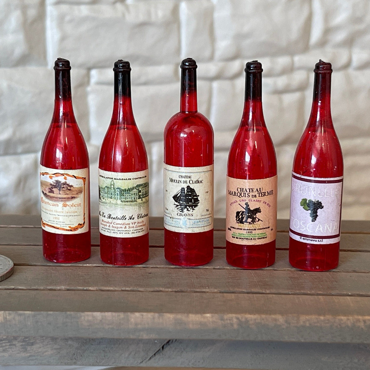 1:6 Scale Miniature Red Wine Bottles, Set of 5, Assorted Labels, 1-13/16 inch tall, DIY Dollhouse Supply (style D)