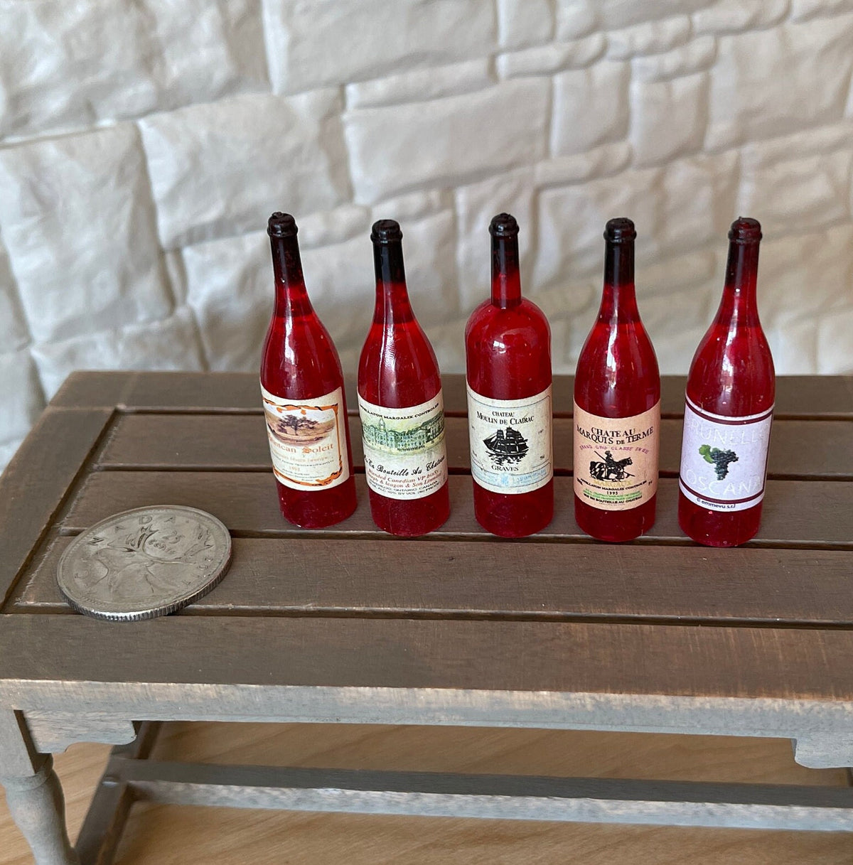 1:6 Scale Miniature Red Wine Bottles, Set of 5, Assorted Labels, 1-13/16 inch tall, DIY Dollhouse Supply (style D)