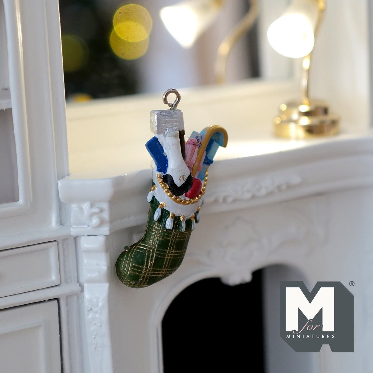 1:12 Scale Miniature Filled Christmas Stocking with Hanging Loop, 1-7/8 inch tall, DIY Dollhouse Supply (cast resin) (green)