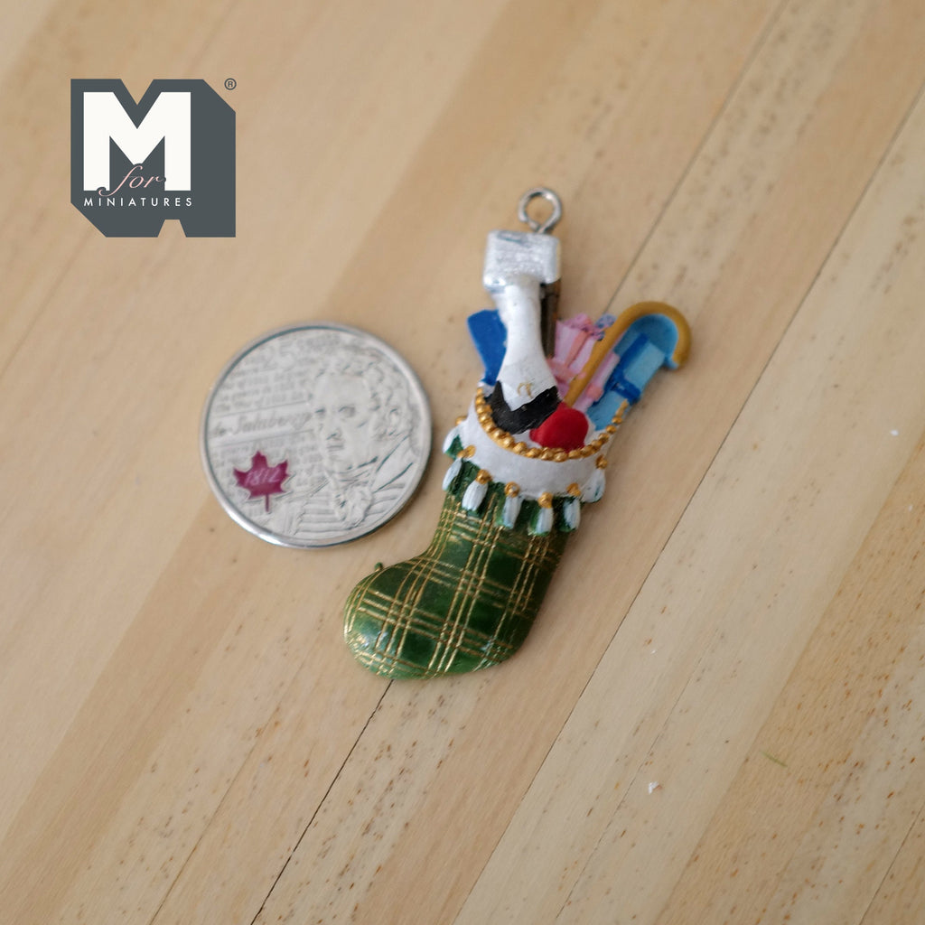 1:12 Scale Miniature Filled Christmas Stocking with Hanging Loop, 1-7/8 inch tall, DIY Dollhouse Supply (cast resin) (green)