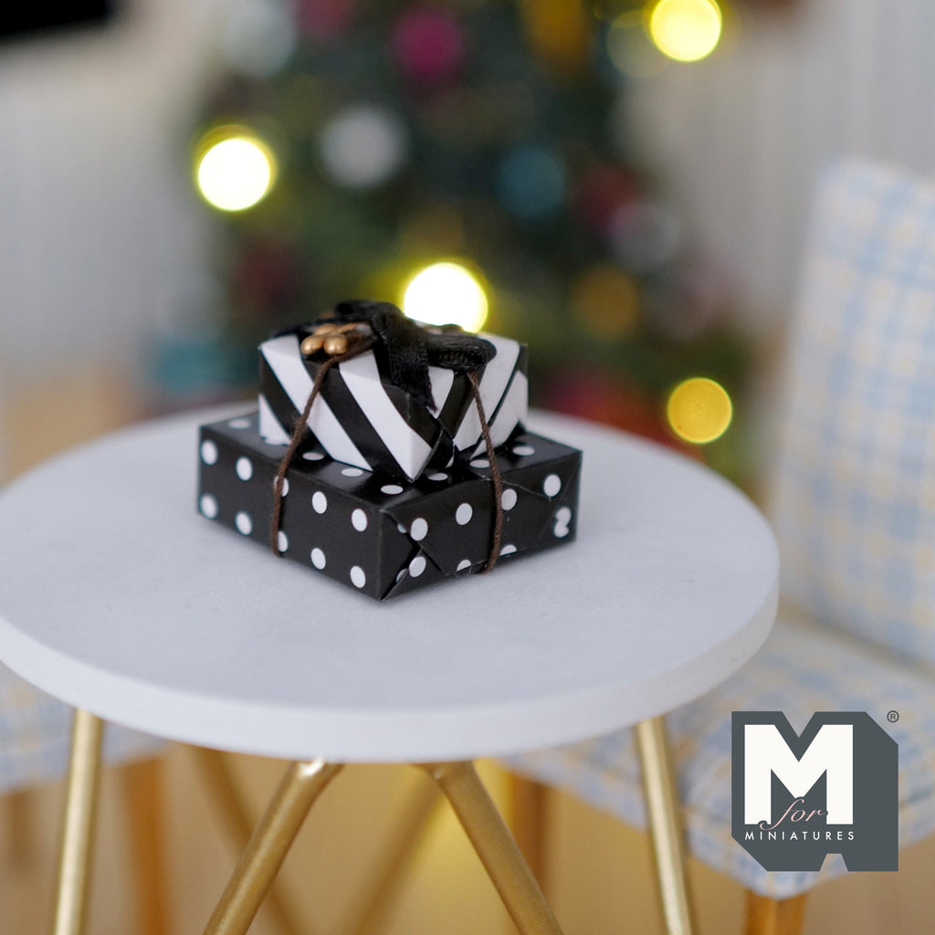 1:12 Scale Miniature Wrapped Gift Boxes, Large and Small, Set of 2, 1-1/8 inch long, DIY Dollhouse Supply (black and white)