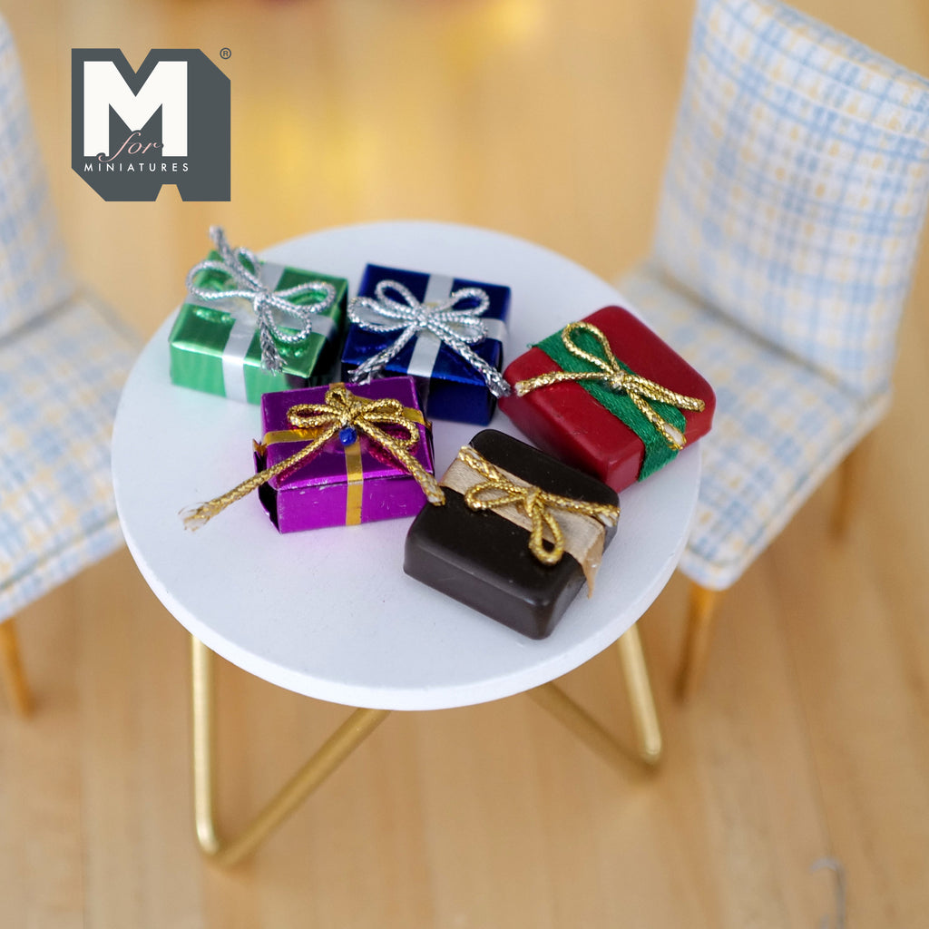 1:12 Scale Miniature Wrapped and Opened Gift Boxes, Set of 5, 13/16 inch long, DIY Dollhouse Supply