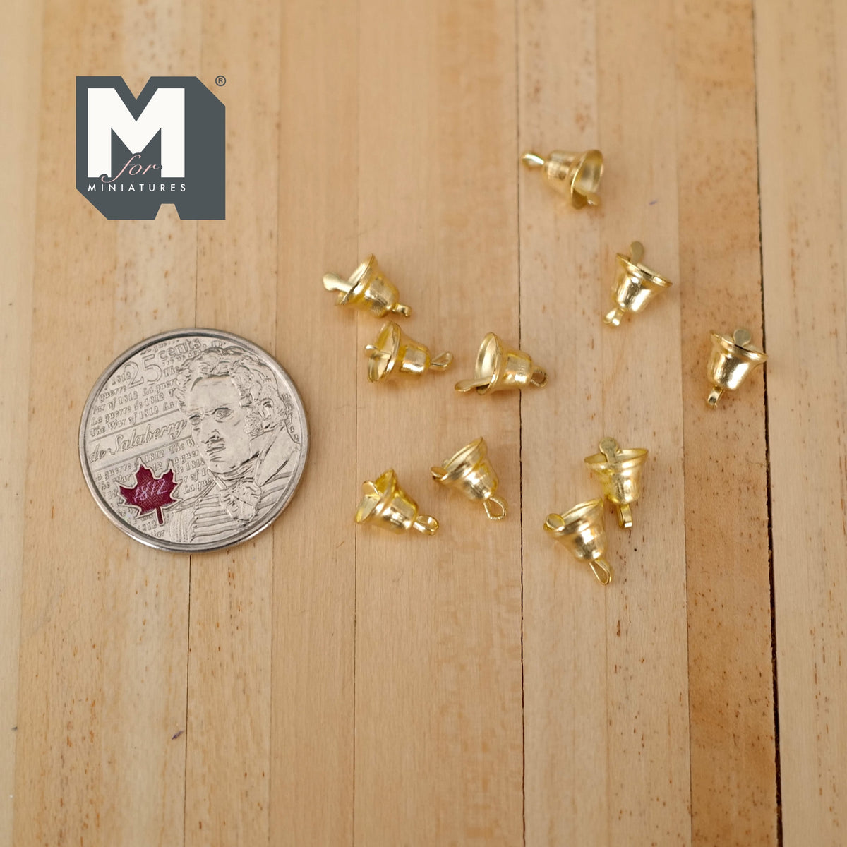1:12 Scale Miniature Flared Open Bells with Clappers, Set of 10, 1/4 inch dia., DIY Dollhouse Supply (gold)