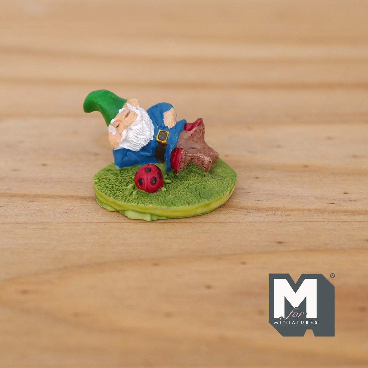 1:12 Scale Miniature Sleeping Garden Gnome on Grass Base, Red Toadstool, 1-1/4 inch wide, DIY Dollhouse Supply (cast resin)