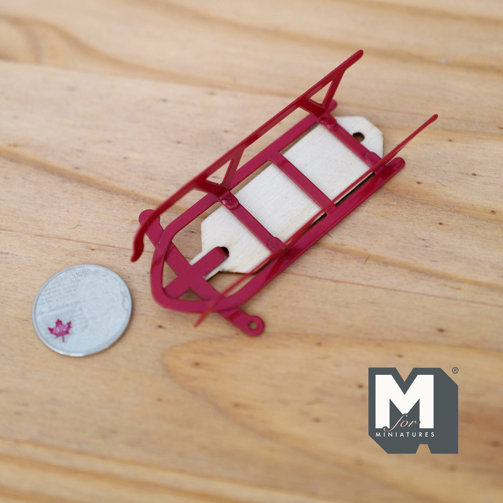1:12 Scale Miniature Metal Sledge with Wood Base, 3-1/16 inch long, DIY Dollhouse Supply (red)
