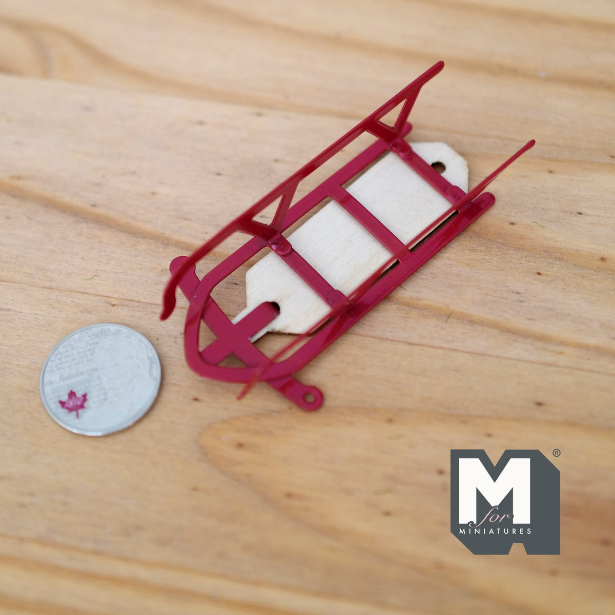 1:12 Scale Miniature Metal Sledge with Wood Base, 3-1/16 inch long, DIY Dollhouse Supply (red)