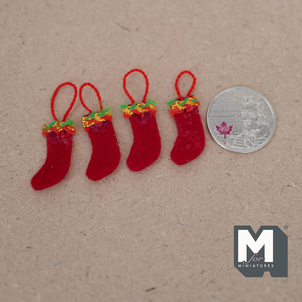 1:12 Scale Miniature Felt Christmas Stockings, Set of 4, 1-1/8 inch tall, DIY Dollhouse Supply (red)