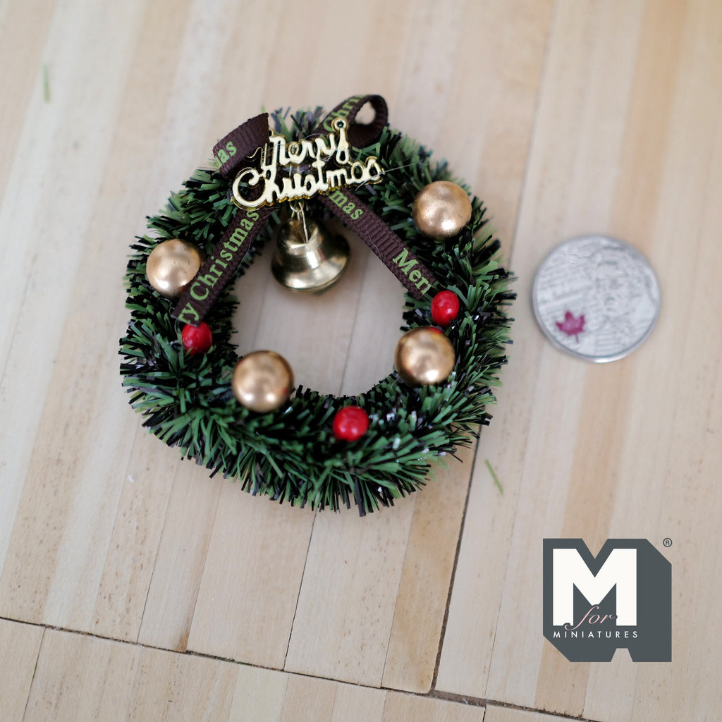 1:12 Scale Miniature Christmas Wreath with Ornaments and Bell, 2-3/8 inch dia., DIY Dollhouse Supply
