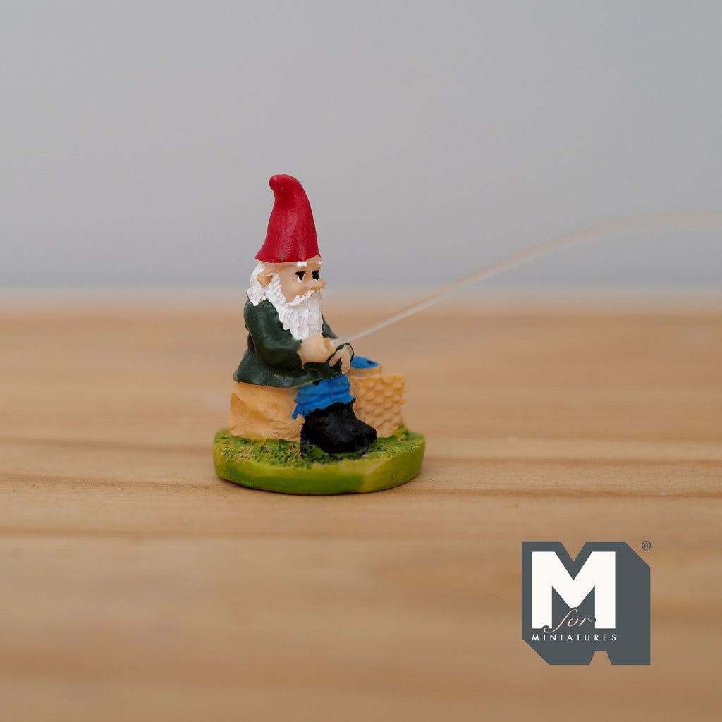 1:12 Scale Miniature Fishing Garden Gnome Figurine, Red Hat, Grassy Base, 1-7/16 inch tall, DIY Dollhouse Supply (cast resin)