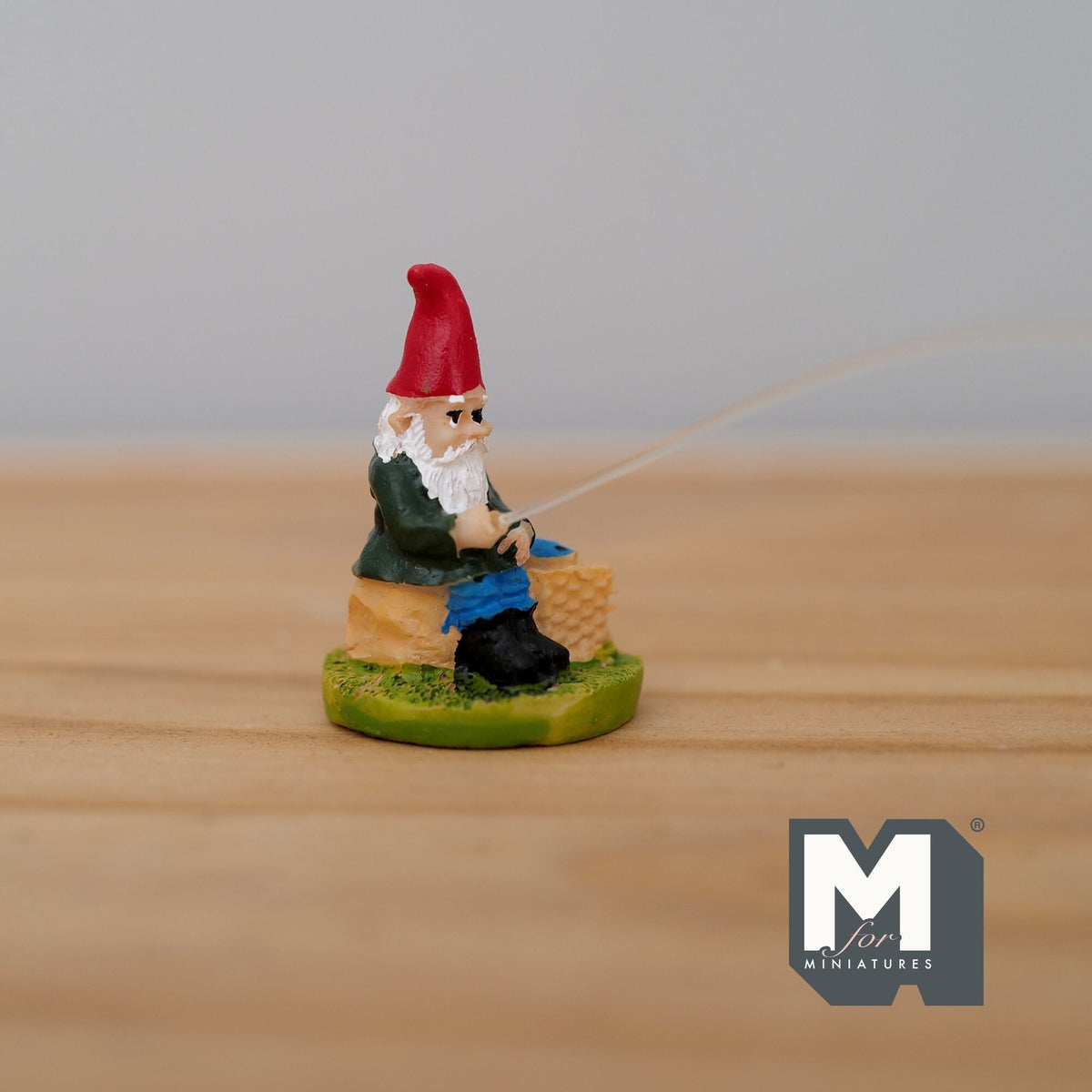1:12 Scale Miniature Fishing Garden Gnome Figurine, Red Hat, Grassy Base, 1-7/16 inch tall, DIY Dollhouse Supply (cast resin)
