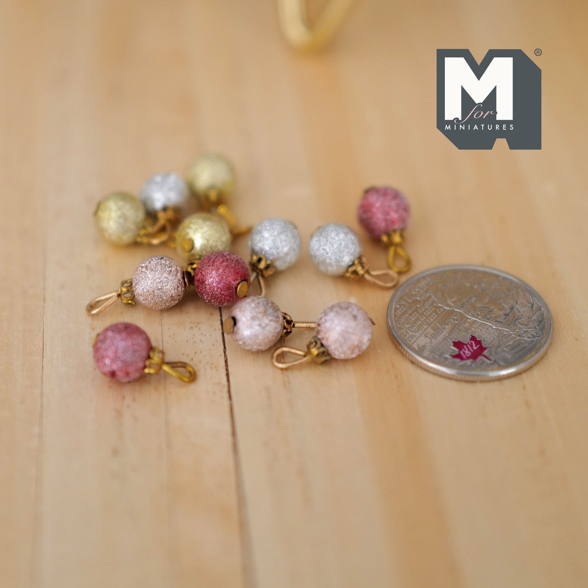 1:12 Scale Miniature Glitter Christmas Ball Ornaments, Pack of 12, 5/16 inch dia., DIY Dollhouse Supply (gold, silver, red and pink)