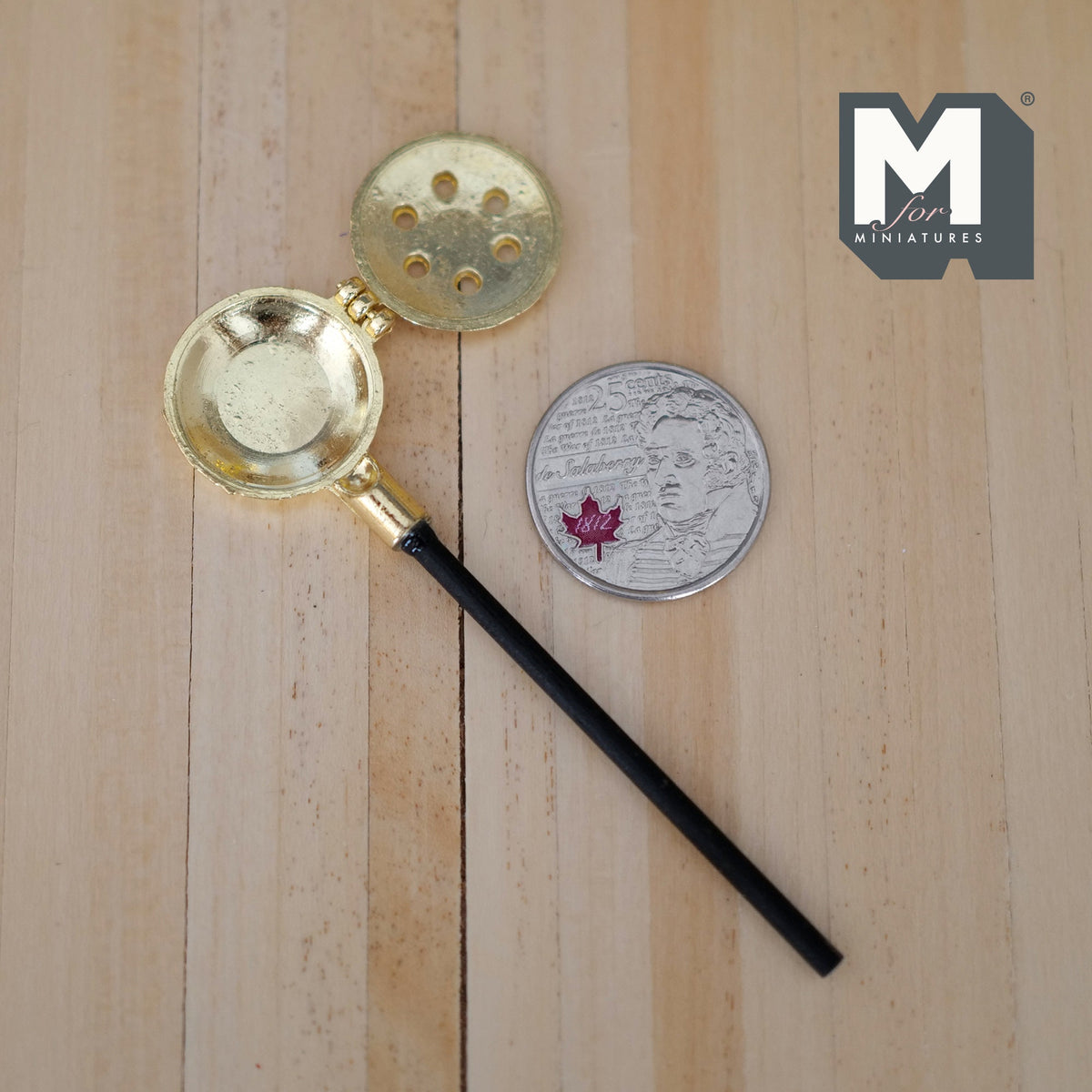 1:12 Scale Miniature Bed Warmer Pan with Long Handle, 3-3/8 inch long, DIY Dollhouse Supply (gold)