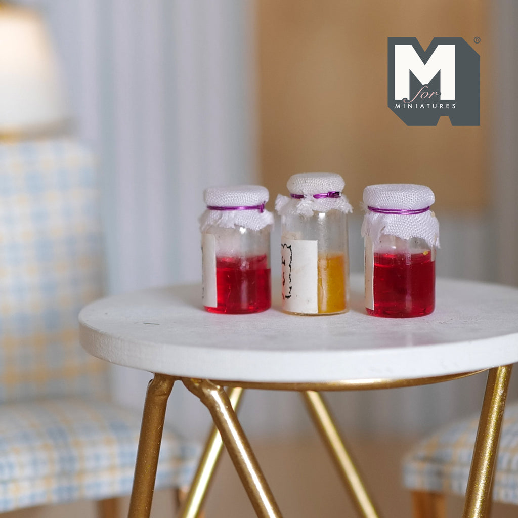 1:12 Scale Miniature Fruit Jam Jars, Set of 3, 13/16 inch tall, DIY Dollhouse Supply
