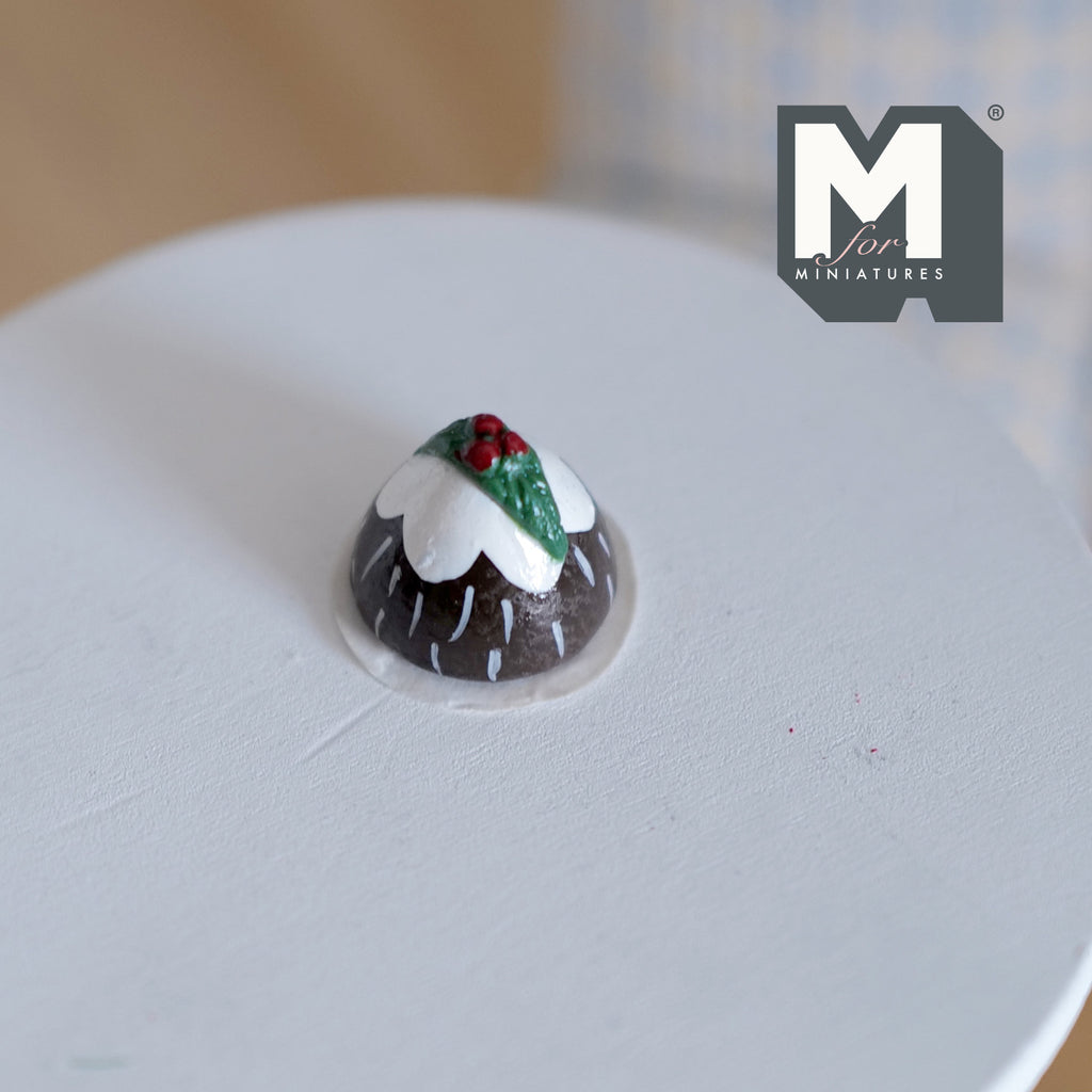 1:12 Scale Miniature Christmas Pudding with Holly, 9/16 inch tall, DIY Dollhouse Supply