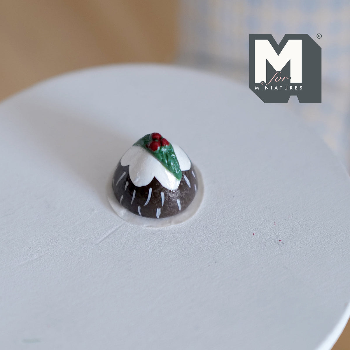 1:12 Scale Miniature Christmas Pudding with Holly, 9/16 inch tall, DIY Dollhouse Supply