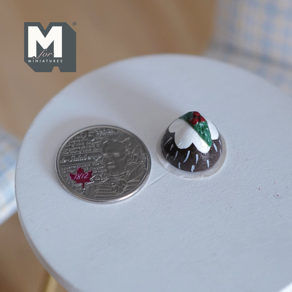 1:12 Scale Miniature Christmas Pudding with Holly, 9/16 inch tall, DIY Dollhouse Supply
