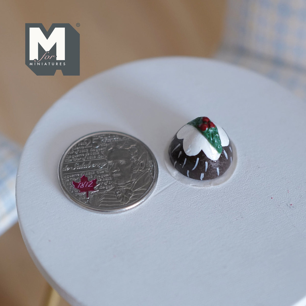 1:12 Scale Miniature Christmas Pudding with Holly, 9/16 inch tall, DIY Dollhouse Supply