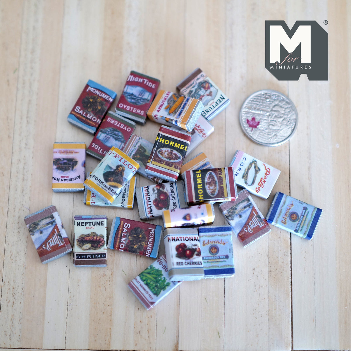 1:12 Scale Miniature Grocery Packaging Boxes, Assorted Prints, Set of 24, 1/2 inch tall, DIY Dollhouse Supply (wood and paper)