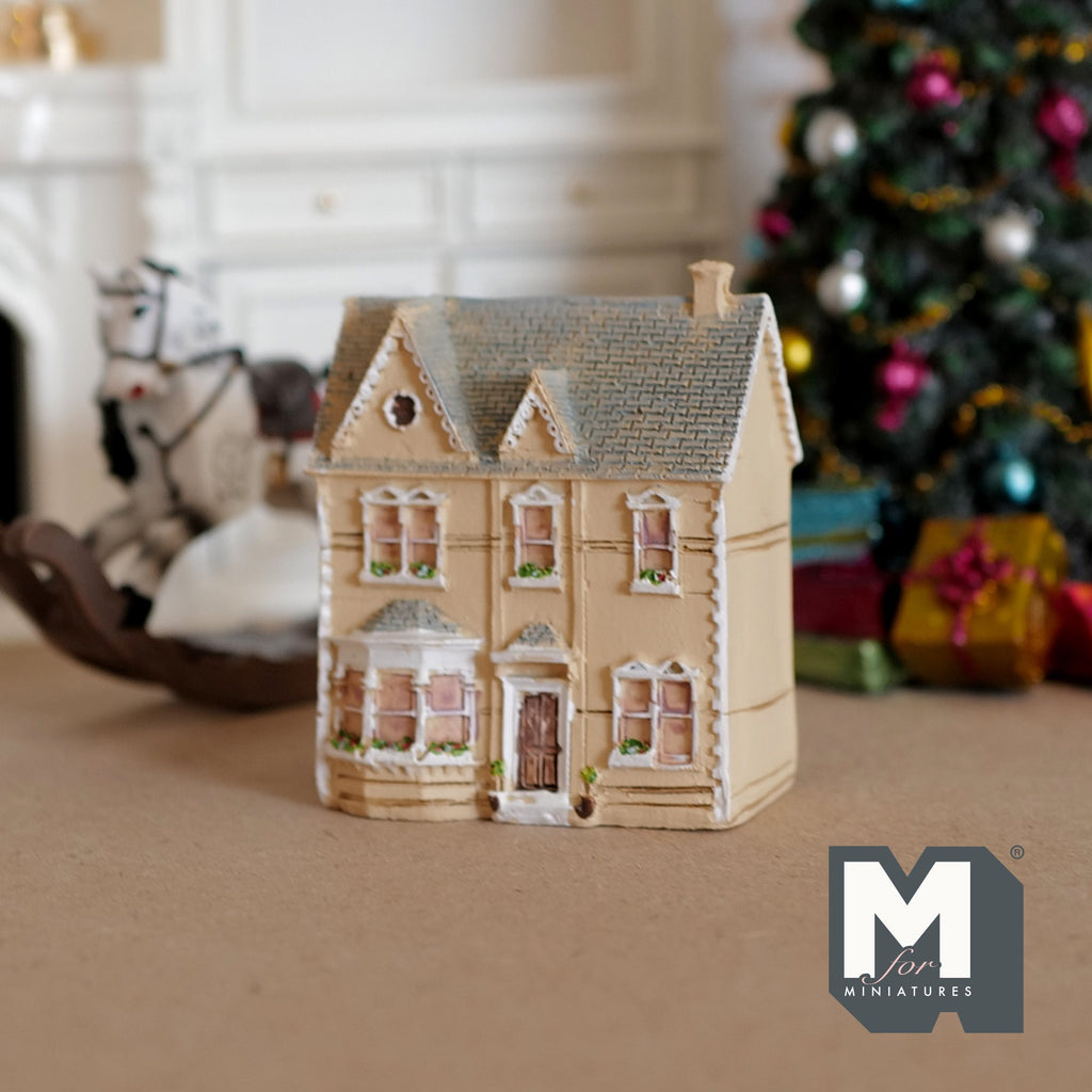 1:144 scale miniature resin Georgian house model in cream, house in a house, shown by a Christmas tree and rocking horse