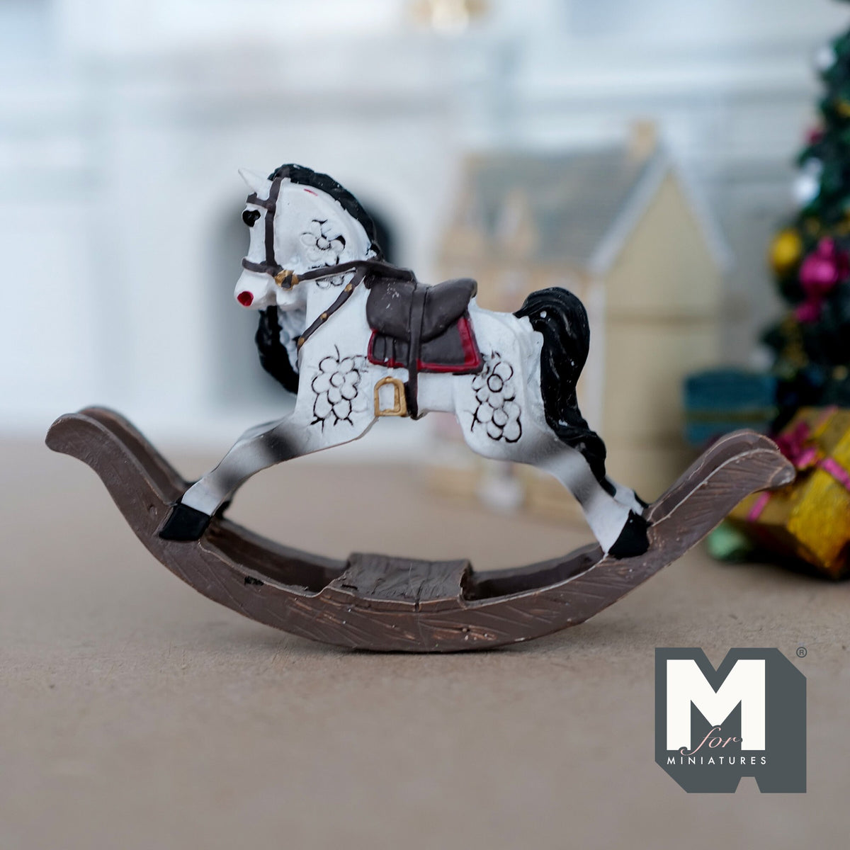 1:12 Scale Miniature Dapple Gray Rocking Horse, Red Saddle, 2-9/16 inch tall, DIY Dollhouse Supply (cast resin)