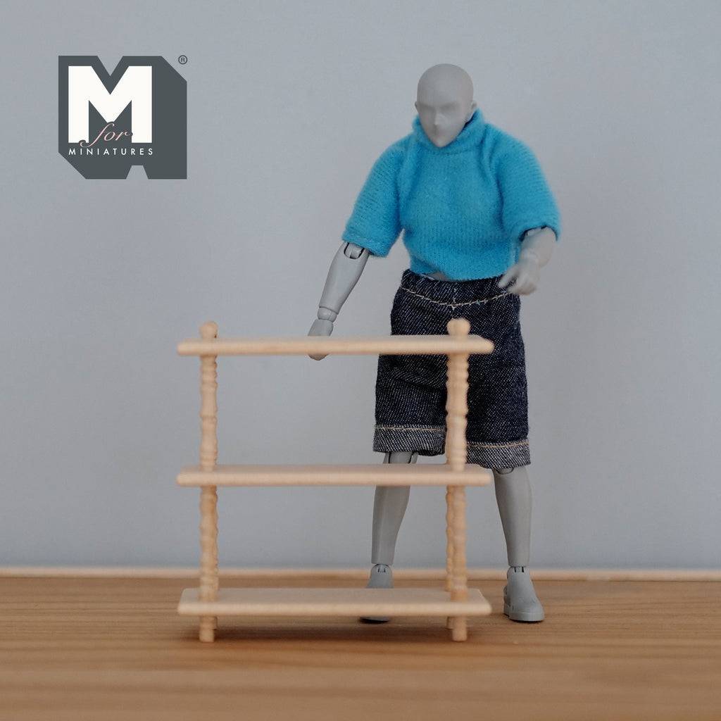 1:12 Scale Miniature Unpainted Wood Open Bookstand, 3 Tiers, Corner Posts, 3-1/16 inch tall, DIY Dollhouse Supply