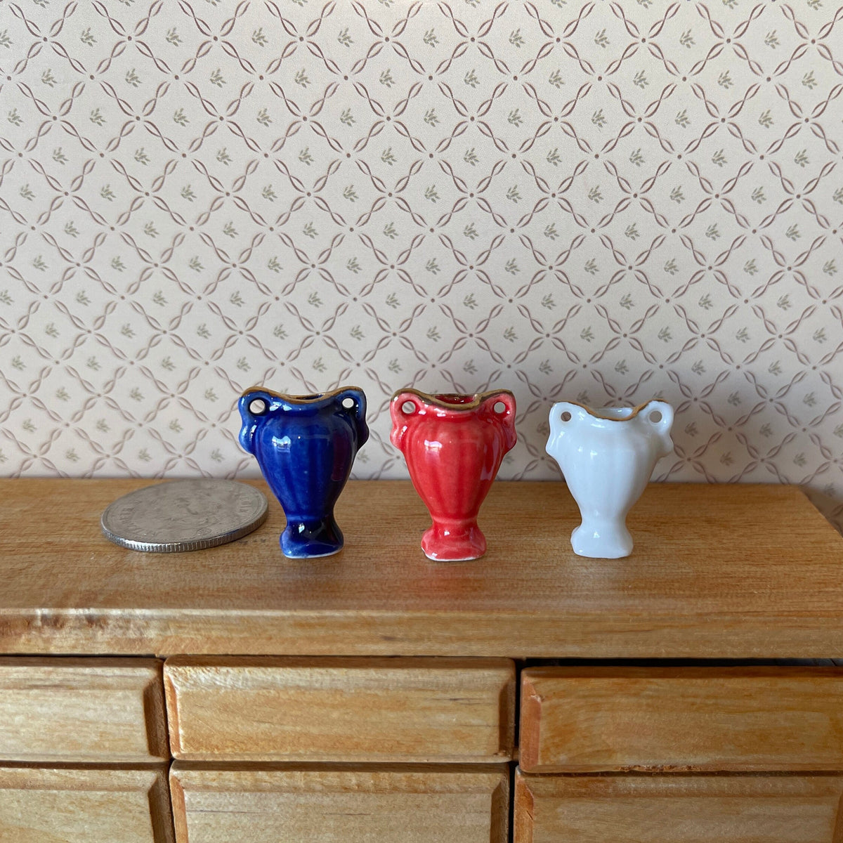 1:12 Scale Miniature Ceramic Amphora Posy Vases, Set of 3, 7/8 inch tall, DIY Dollhouse Supply (blue, red and white)