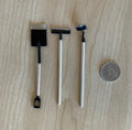 1:12 scale miniature garden tools, spade, rake and hoe with long handles, set of 3, shown beside a coin for scale