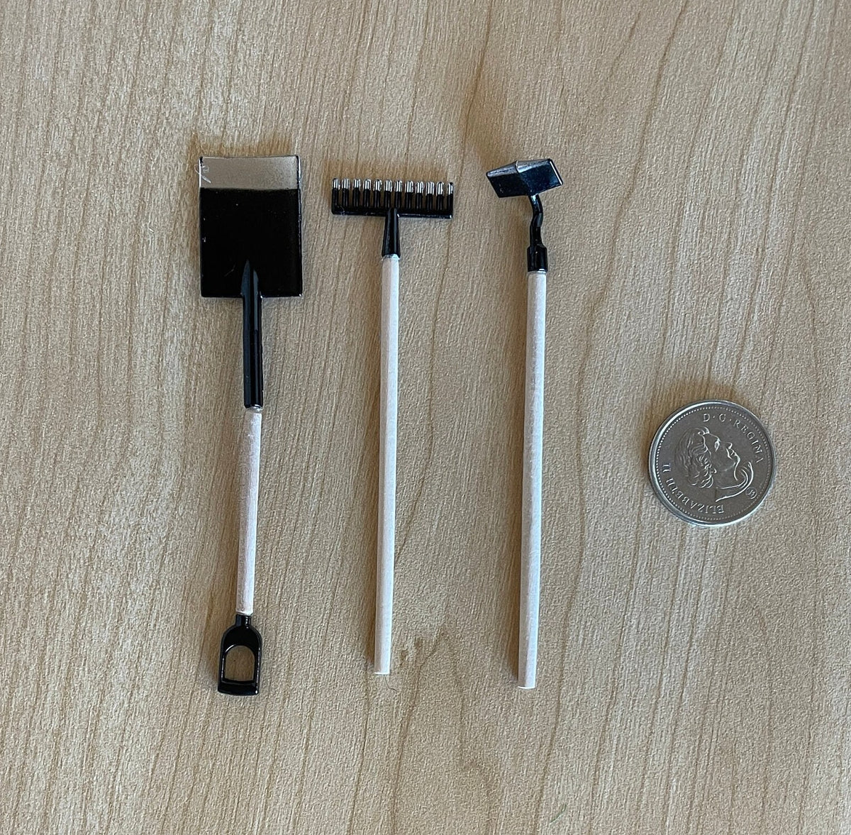 1:12 Scale Miniature Garden Tools, Spade, Rake and Hoe, Set of 3, 3-3/4 inch long, DIY Dollhouse Supply